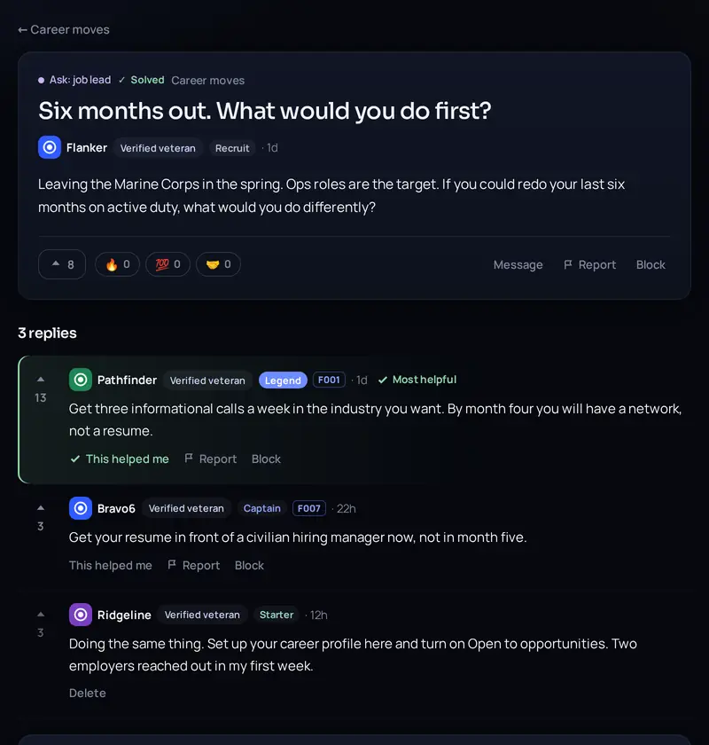 An ask on Primr: a member leaving the Marine Corps asks what to do first, and the answer marked most helpful sits on top