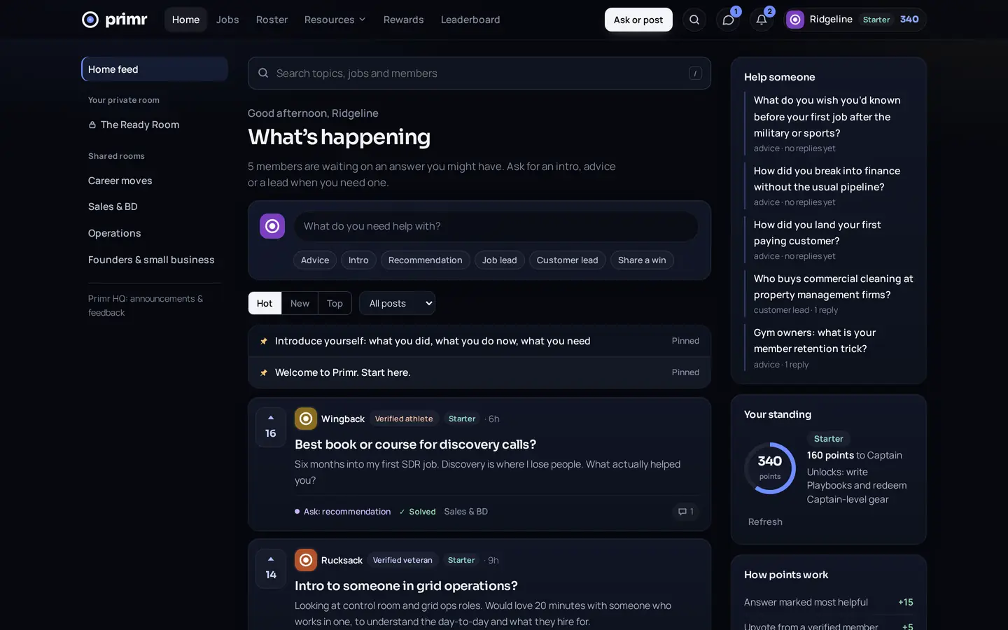 The Primr home feed: a prompt to ask the network, open asks from members that need an answer, and your points toward the next tier