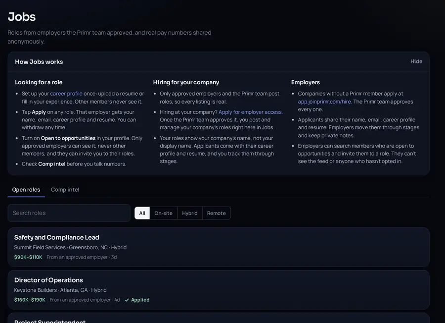 Primr Jobs: roles from approved employers with real pay ranges