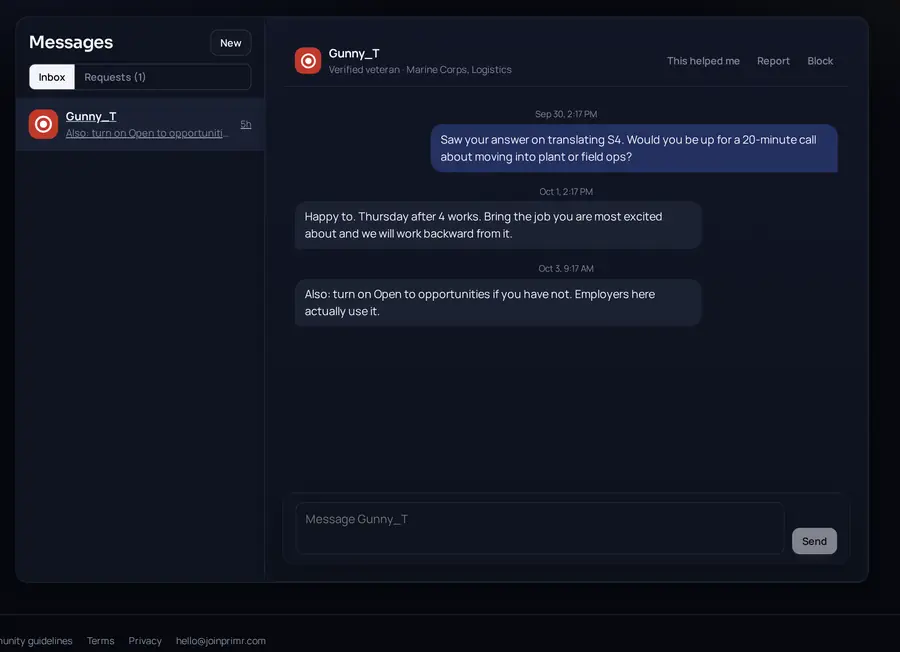 A private message thread between two members