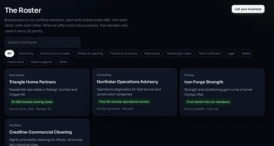 The Roster: businesses run by members, each with an offer for other members
